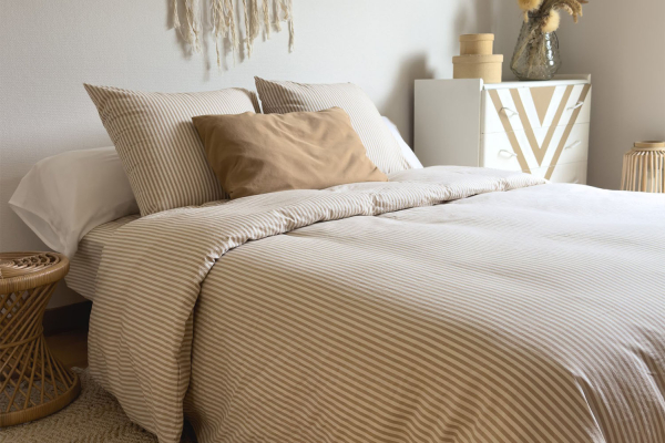 Housse de couette en percale de coton bio rayé|Maison Aveni
