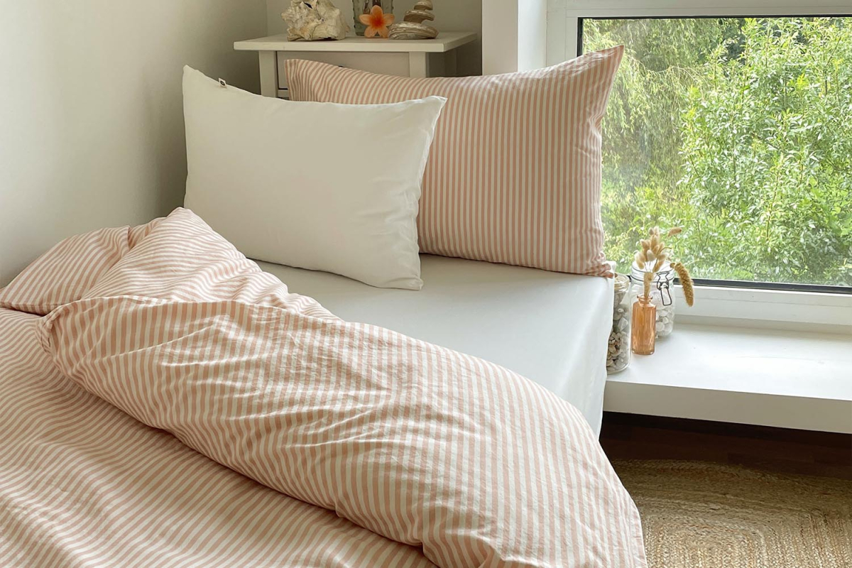 Housse de couette en percale de coton bio rayé|Maison Aveni