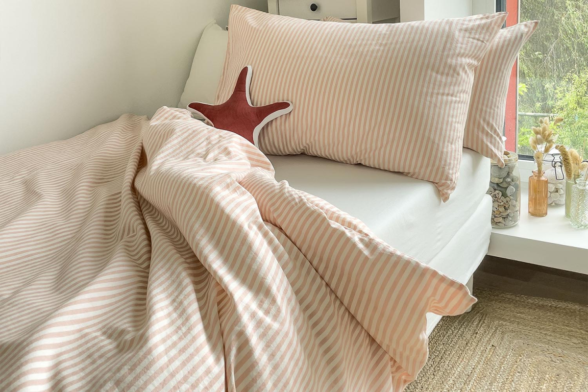 Housse de couette en percale de coton bio rayé|Maison Aveni