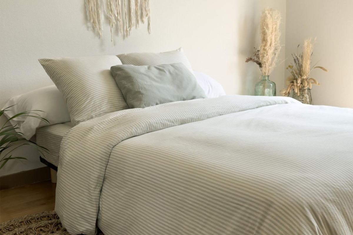Housse de couette en percale de coton bio rayé|Maison Aveni