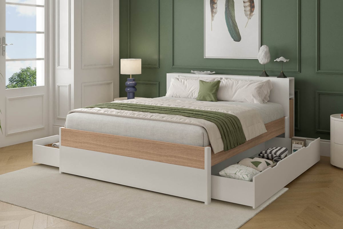 Cama de madera Sato blanca 140x200 y 160x200 | Fabricada en Francia