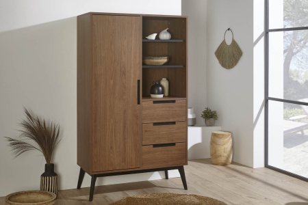 Arles wood wardrobe with 1 door and 3 drawers