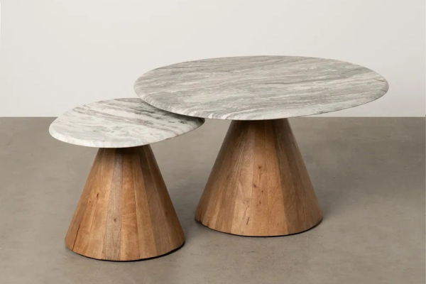 Tables basses rondes manguier & marbre – Duo design premium