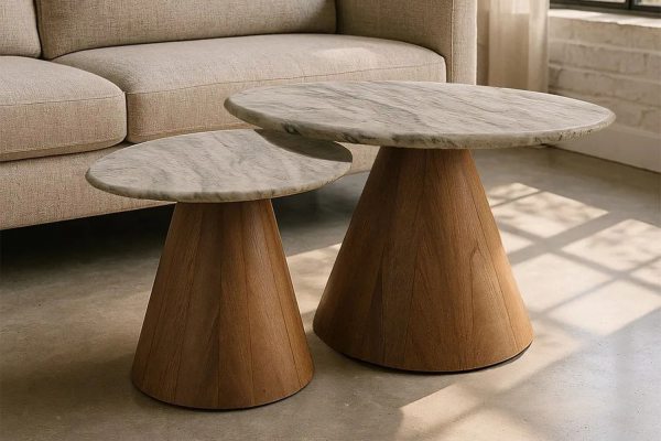 Tables basses rondes manguier & marbre – Duo design premium