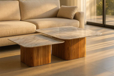 Duo de tables basses carrées en acacia & marbre 100 cm Marceau