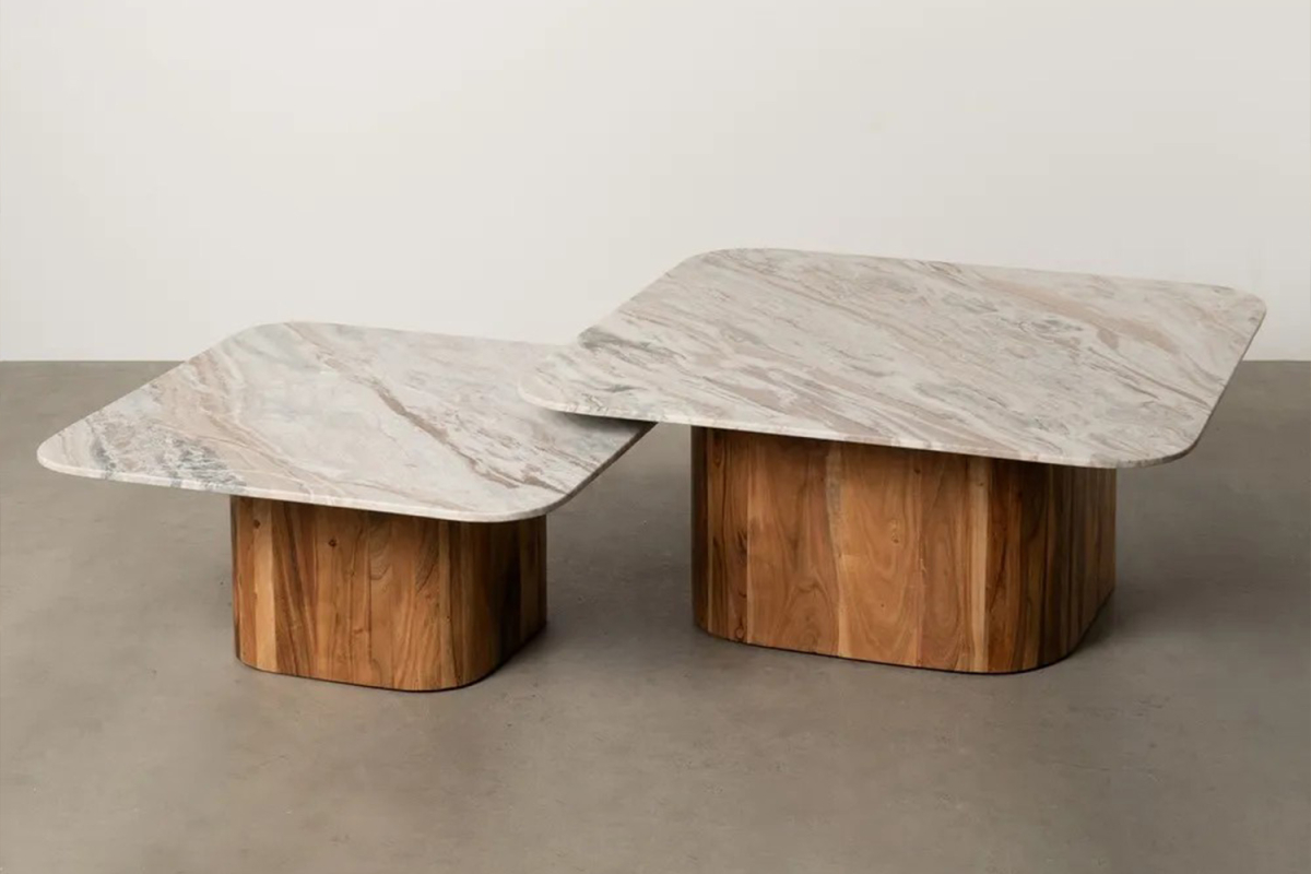 Duo de tables basses carrées en acacia & marbre 100 cm Marceau