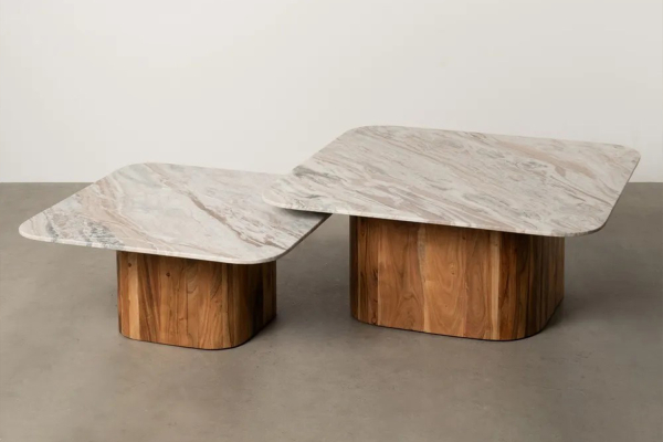 Duo de tables basses carrées en acacia & marbre 100 cm Marceau