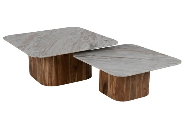Duo de tables basses carrées en acacia & marbre 100 cm Marceau