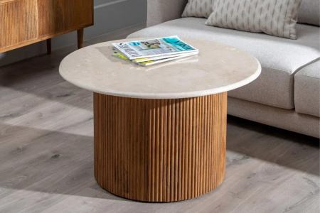 Table basse ronde en manguier et marbre - Bijou de design naturel