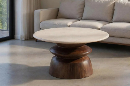 Table basse ronde en manguier et marbre – Élégance naturelle