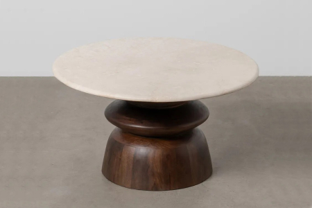 Table basse ronde en manguier et marbre – Élégance naturelle