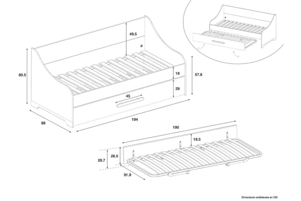 Lit gigogne banquette 90x190cm | Blanc et bois, fabriqué en France