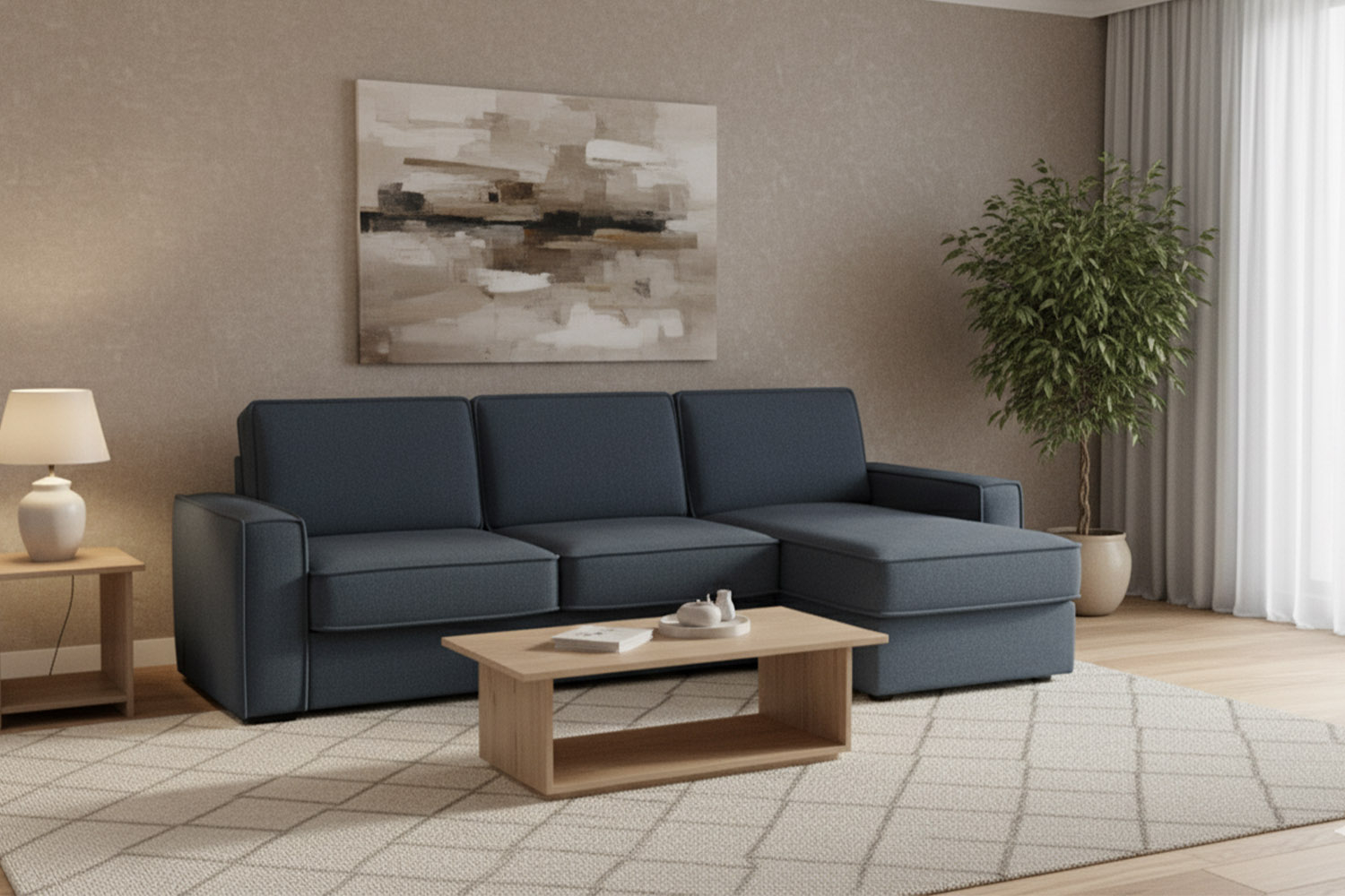 Canapé d’angle convertible Côme – Tissu lisse & coffre
