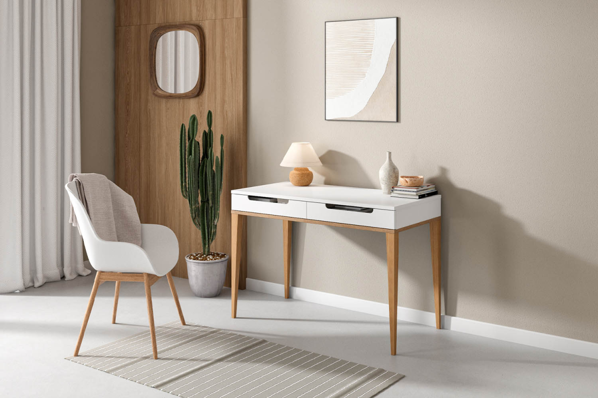 Bureau 2 tiroirs Orio | Blanc et chêne, fabriqué en France