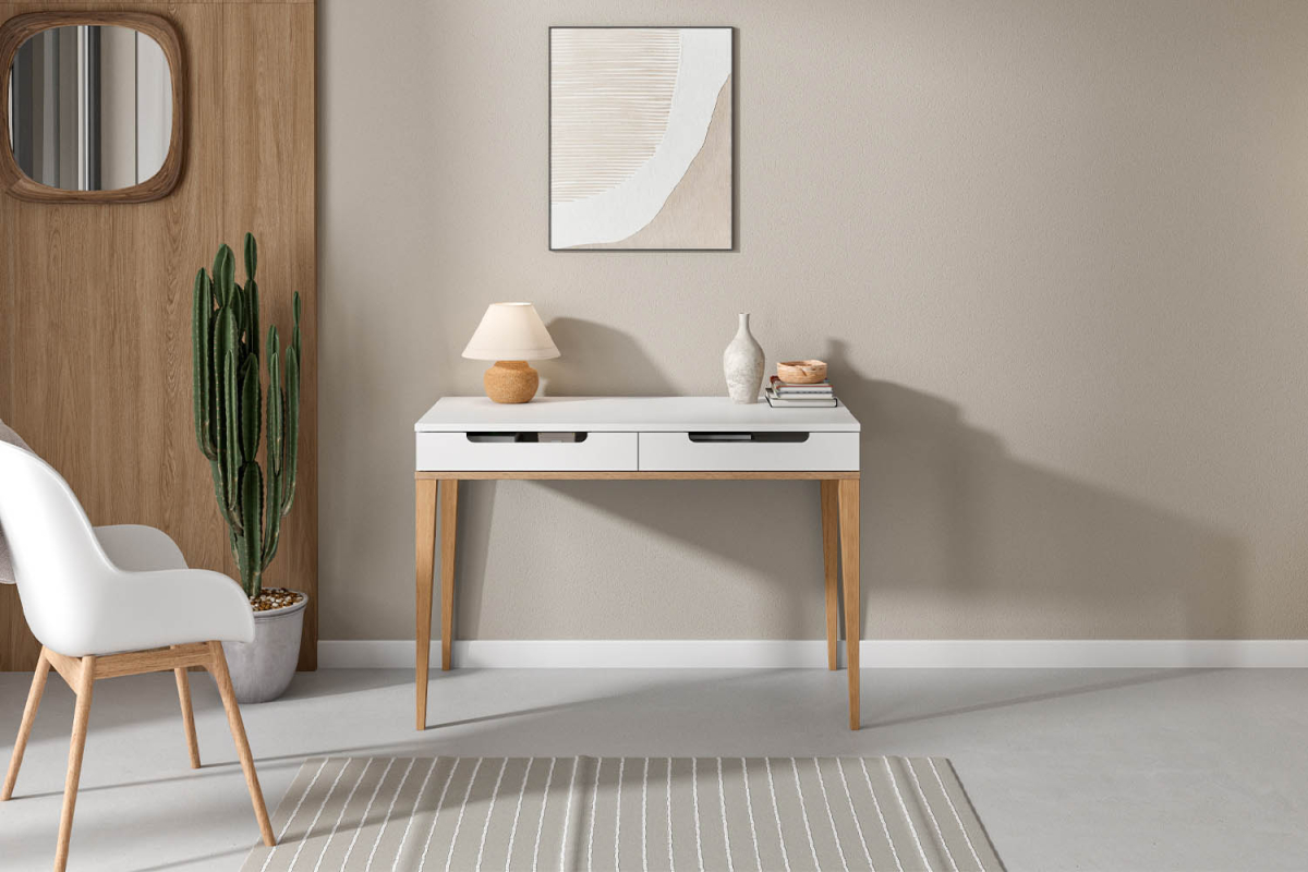Bureau 2 tiroirs Orio | Blanc et chêne, fabriqué en France