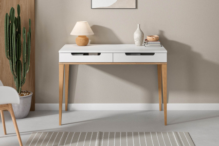 Bureau 2 tiroirs Orio | Blanc et chêne, fabriqué en France