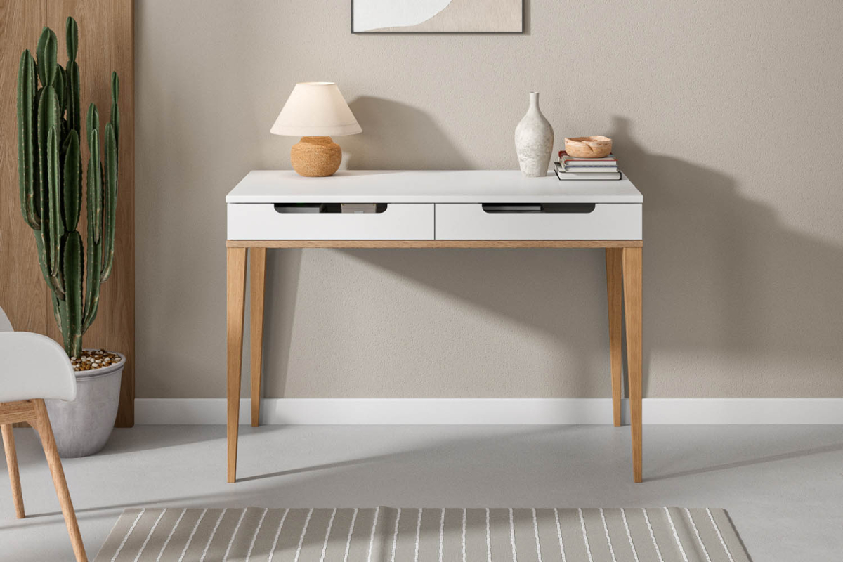 Bureau 2 tiroirs Orio | Blanc et chêne, fabriqué en France