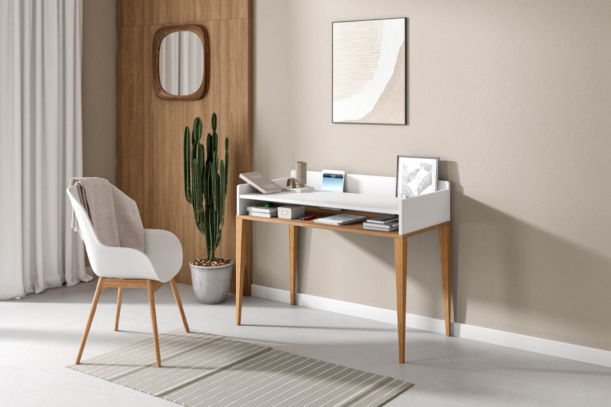 Bureau à casier Orio | Blanc et chêne, fabriqué en France