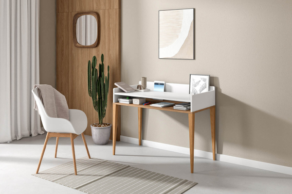 Bureau à casier Orio | Blanc et chêne, fabriqué en France