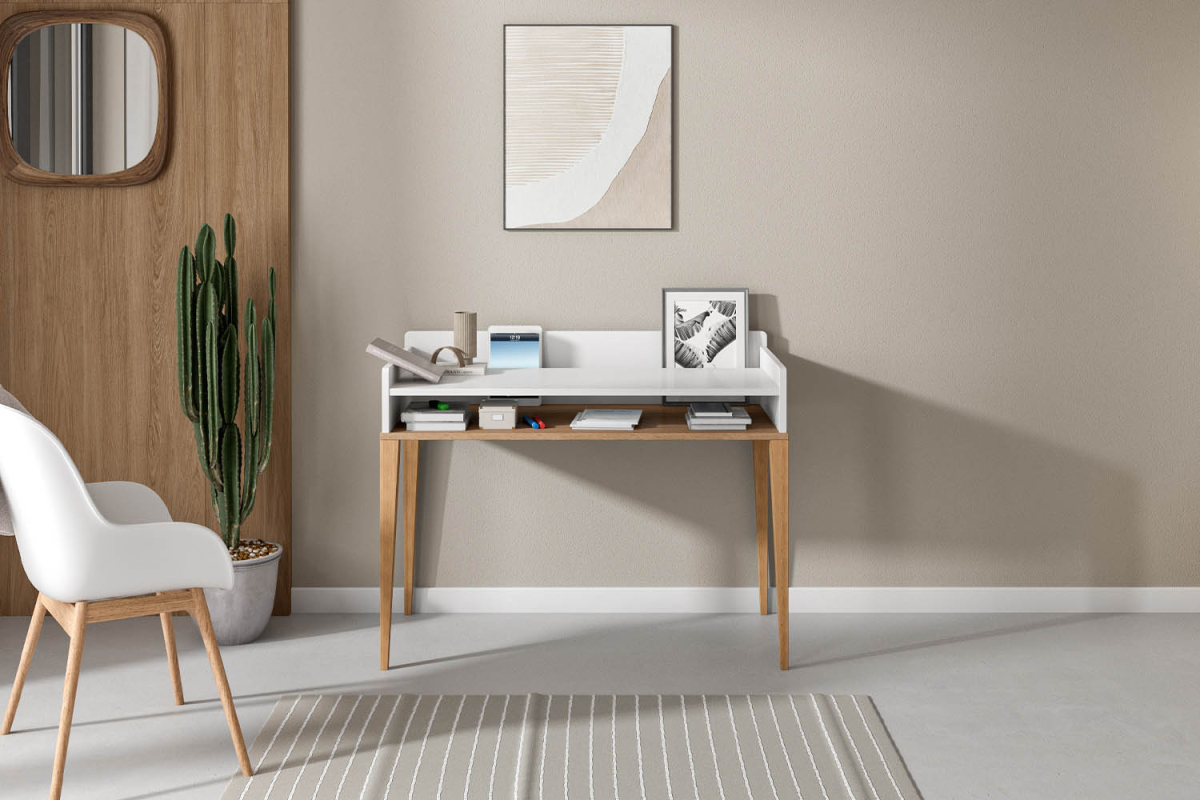 Bureau à casier Orio | Blanc et chêne, fabriqué en France