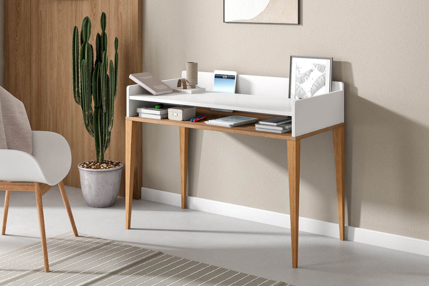 Bureau à casier Orio | Blanc et chêne, fabriqué en France