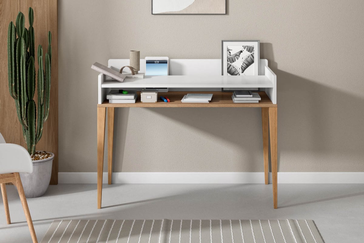 Bureau à casier Orio | Blanc et chêne, fabriqué en France