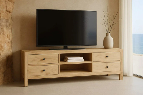 Meuble TV avec rangements en bois massif Lior