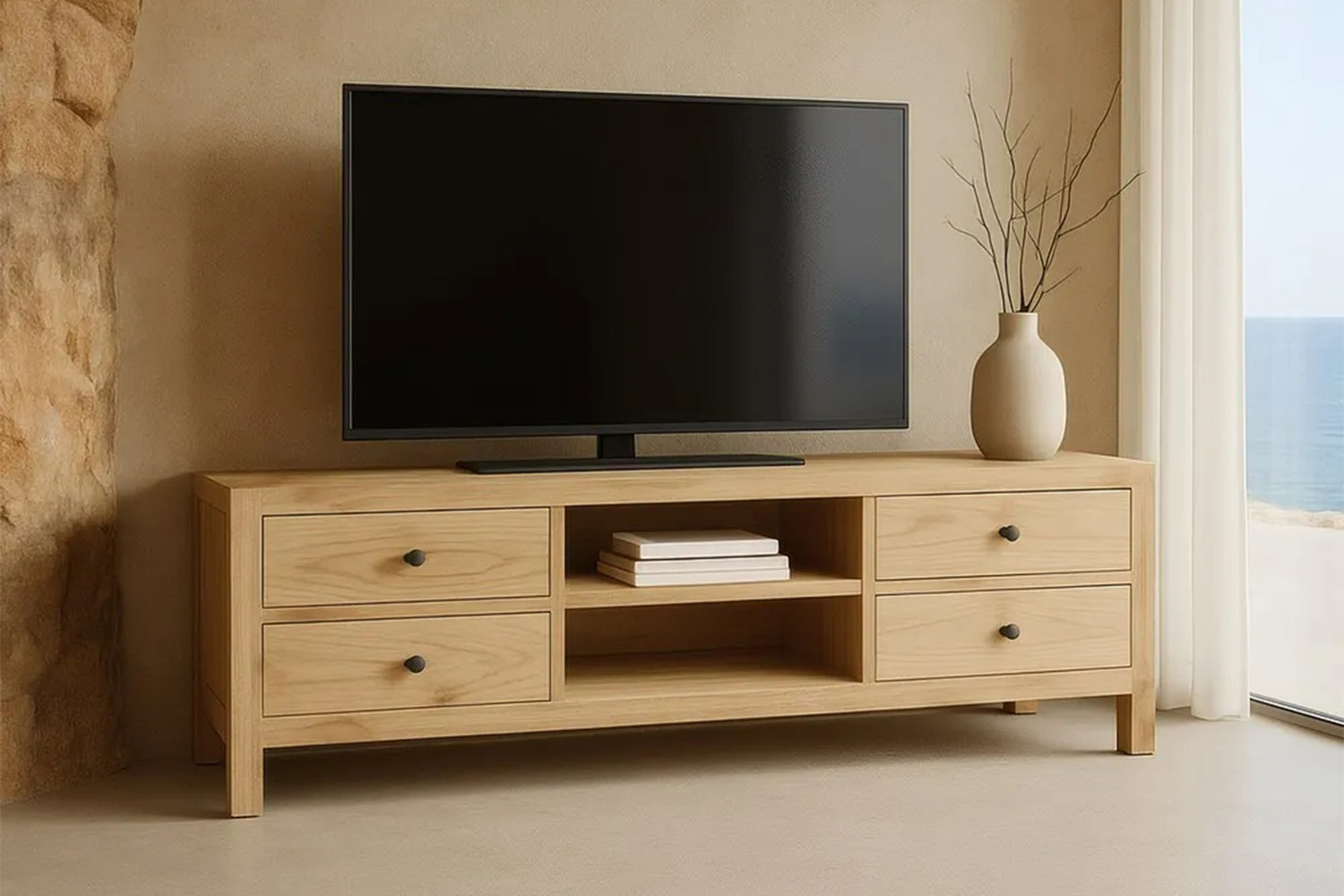 Meuble TV avec rangements en bois massif Lior