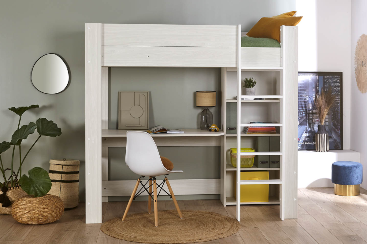 Lit mezzanine en bois avec bureau Ezra