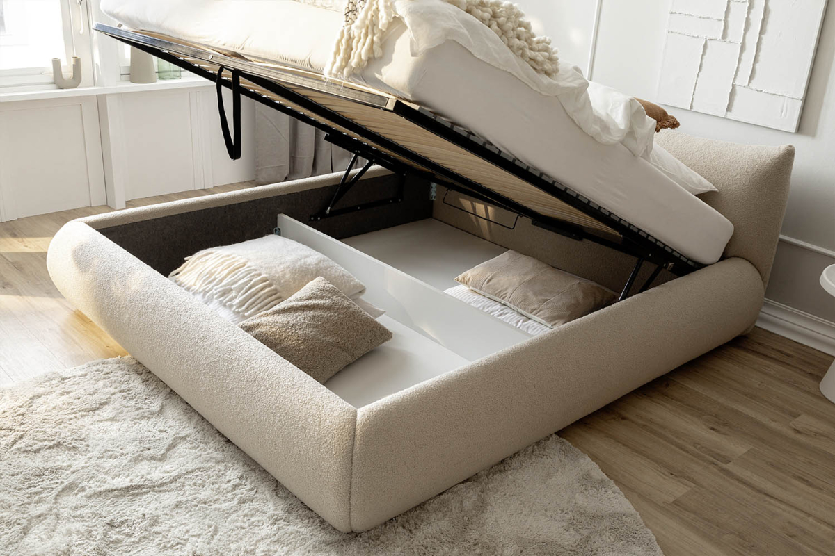 Lit coffre Livia – Lit premium avec tête de lit en tissu bouclette