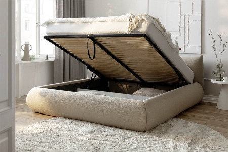 Lit coffre Livia – Lit premium avec tête de lit en tissu bouclette