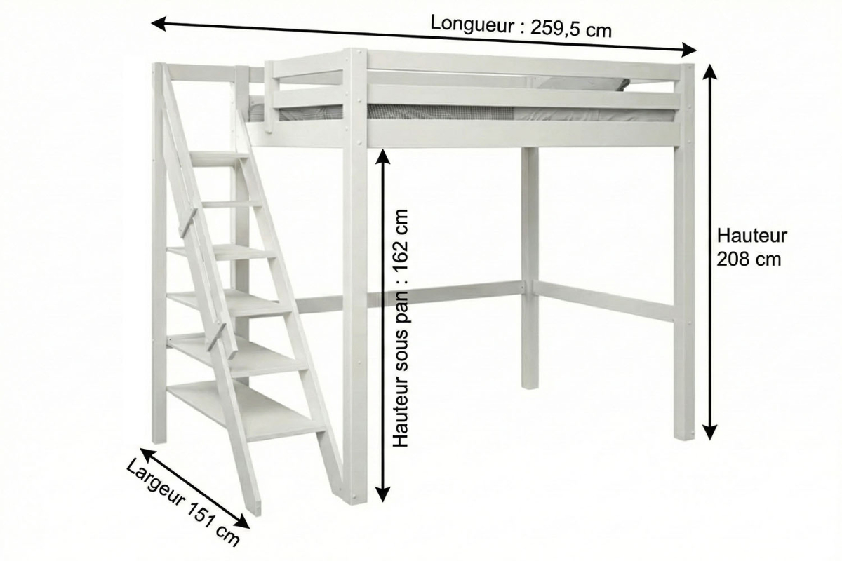 Lit mezzanine 2 places avec escalier en pin massif 140x200