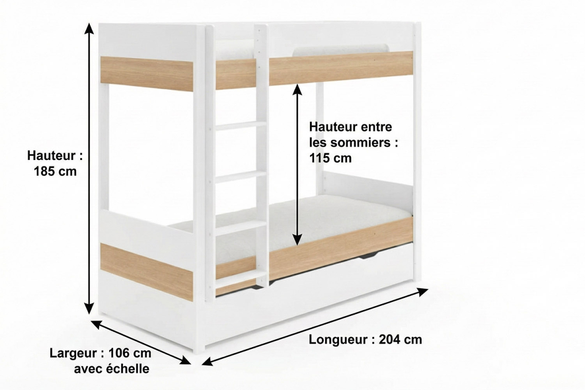 Lit superposé adulte en bois Sato 90x200 | Design bois & blanc