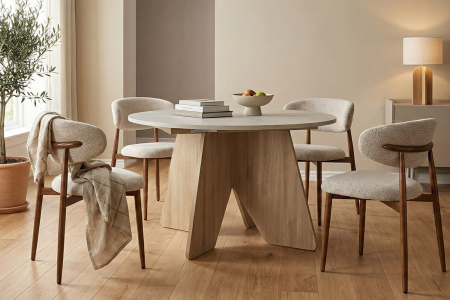 Table à manger ronde avec rallonge effet pierre 5 pers.