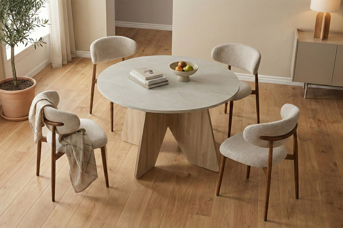 Table à manger ronde avec rallonge effet pierre 5 pers.