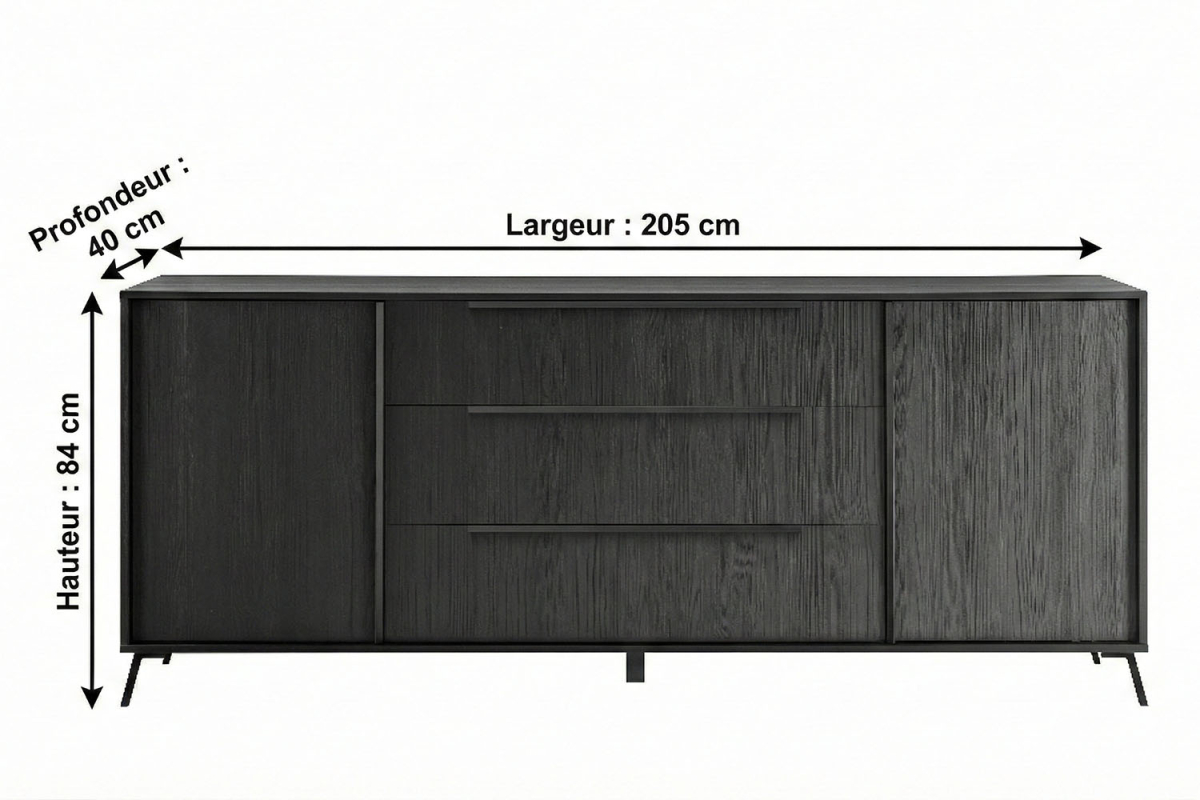 Buffet 2 portes 3 tiroirs 205 cm Onyx – Rangez avec style !