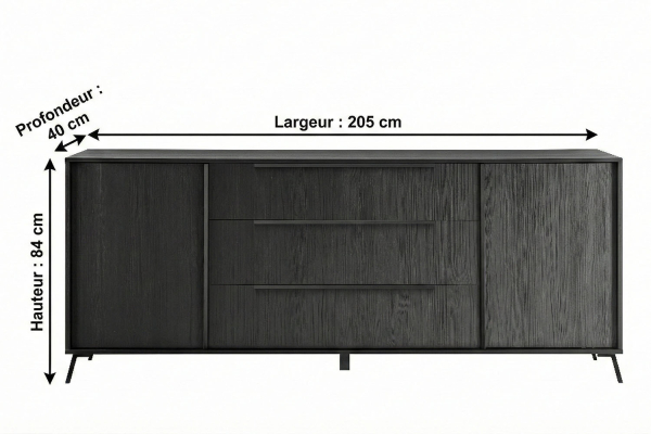 Buffet 2 portes 3 tiroirs 205 cm Onyx – Rangez avec style !