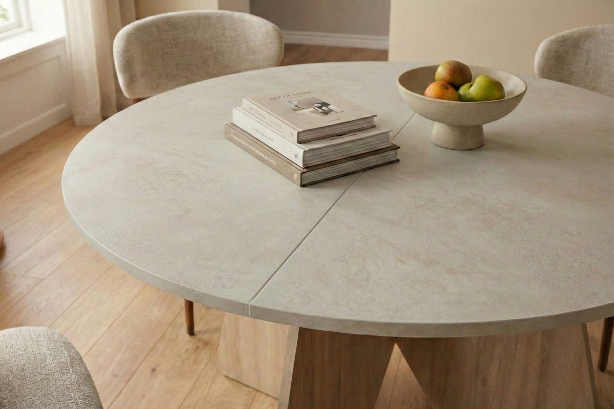 Table à manger ronde avec rallonge effet pierre 5 pers.