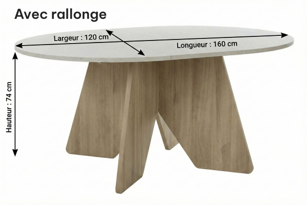 Table à manger ronde avec rallonge effet pierre 5 pers.