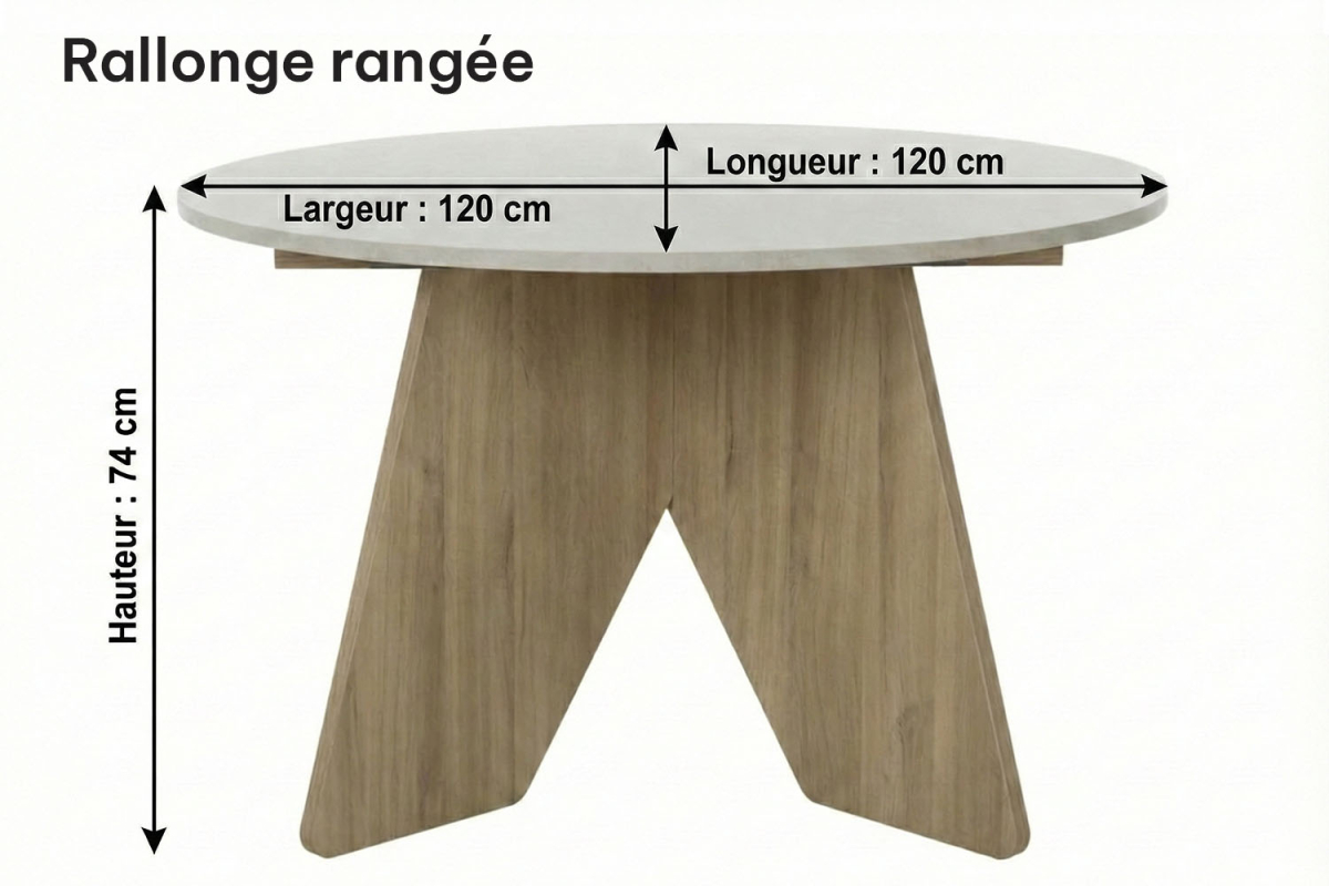Table à manger ronde avec rallonge effet pierre 5 pers.