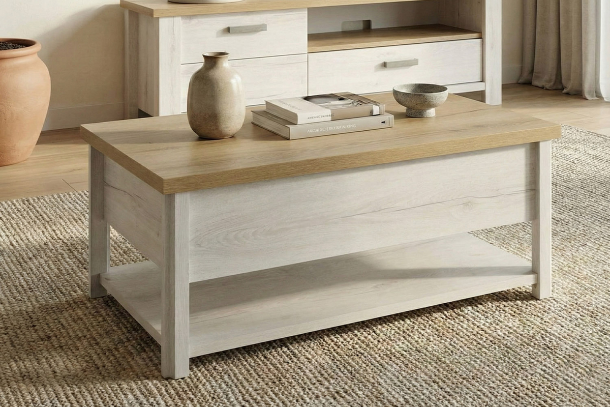 Table basse en bois avec plateau relevable, fabriqué en France
