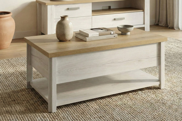 Table basse en bois avec plateau relevable, fabriqué en France