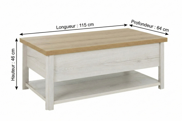Table basse en bois avec plateau relevable, fabriqué en France