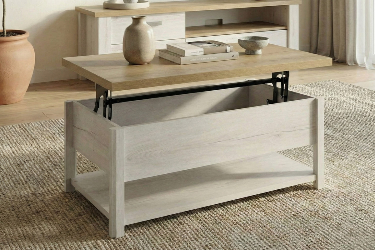 Table basse en bois avec plateau relevable, fabriqué en France