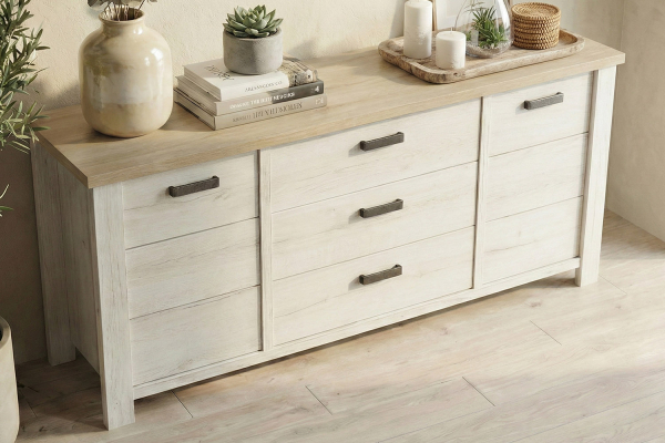 Buffet en bois 2 portes 3 tiroirs élégant et pratique