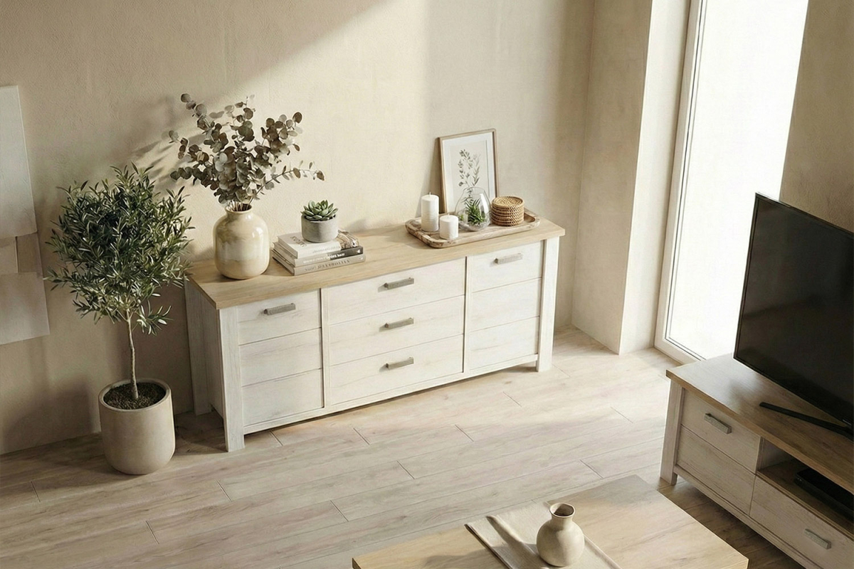 Buffet en bois 2 portes 3 tiroirs élégant et pratique