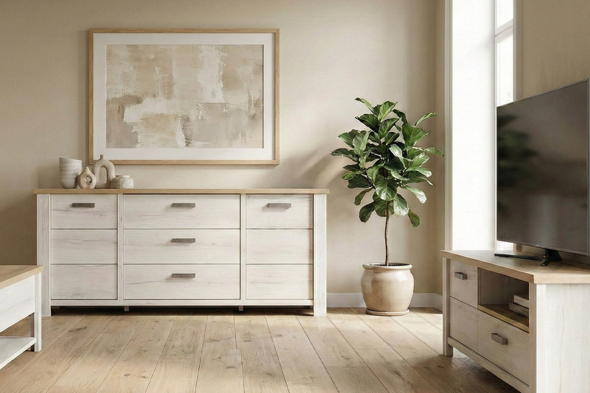 Buffet en bois 2 portes 3 tiroirs élégant et pratique