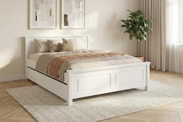 Lit en bois avec tête de lit blanc – Élégance et solidité durable