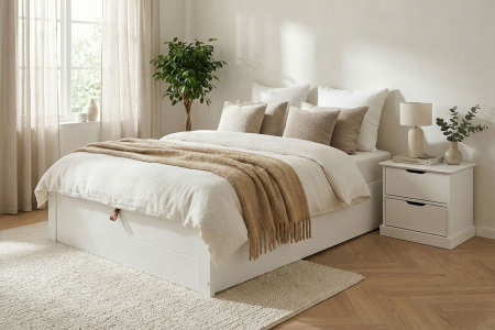 Lit coffre en bois massif blanc – Rangement optimal et finition premium