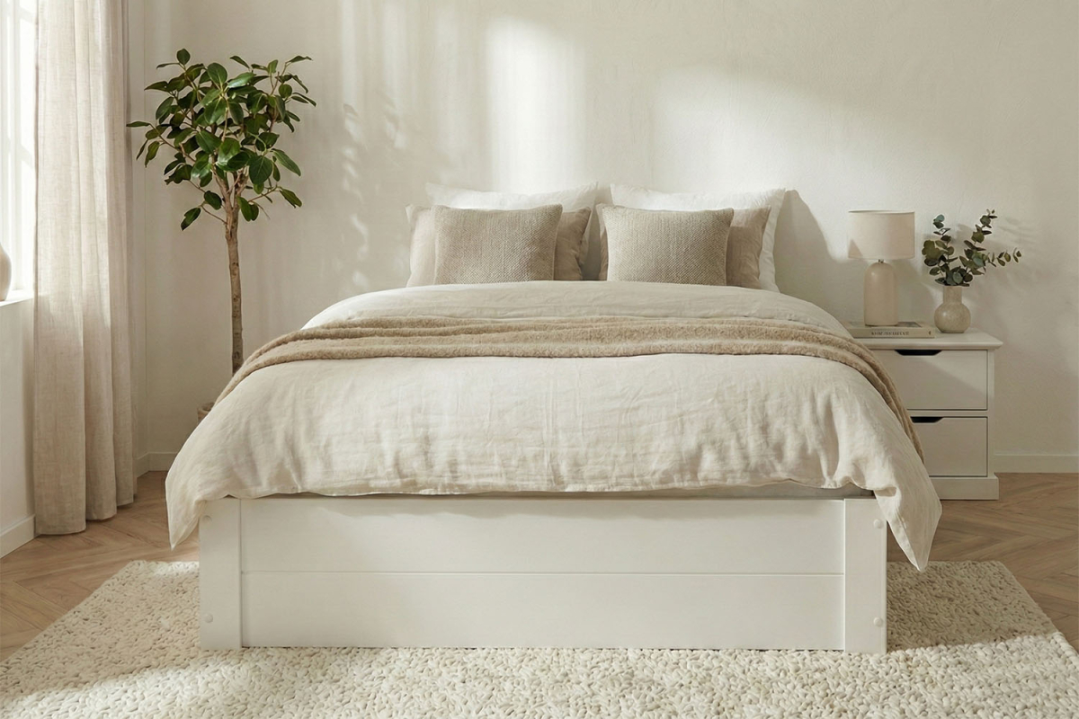 Lit coffre en bois massif blanc – Rangement optimal et finition premium